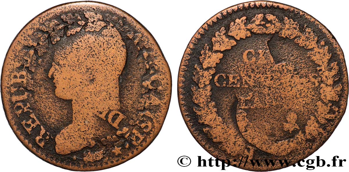 Cinq centimes Dupré, grand module,  refrappage  du décime 1797 Limoges F.114/8 RC 