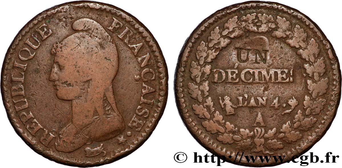 Un décime Dupré, modification du 2 décimes 1796 Paris F.127/1 BC 