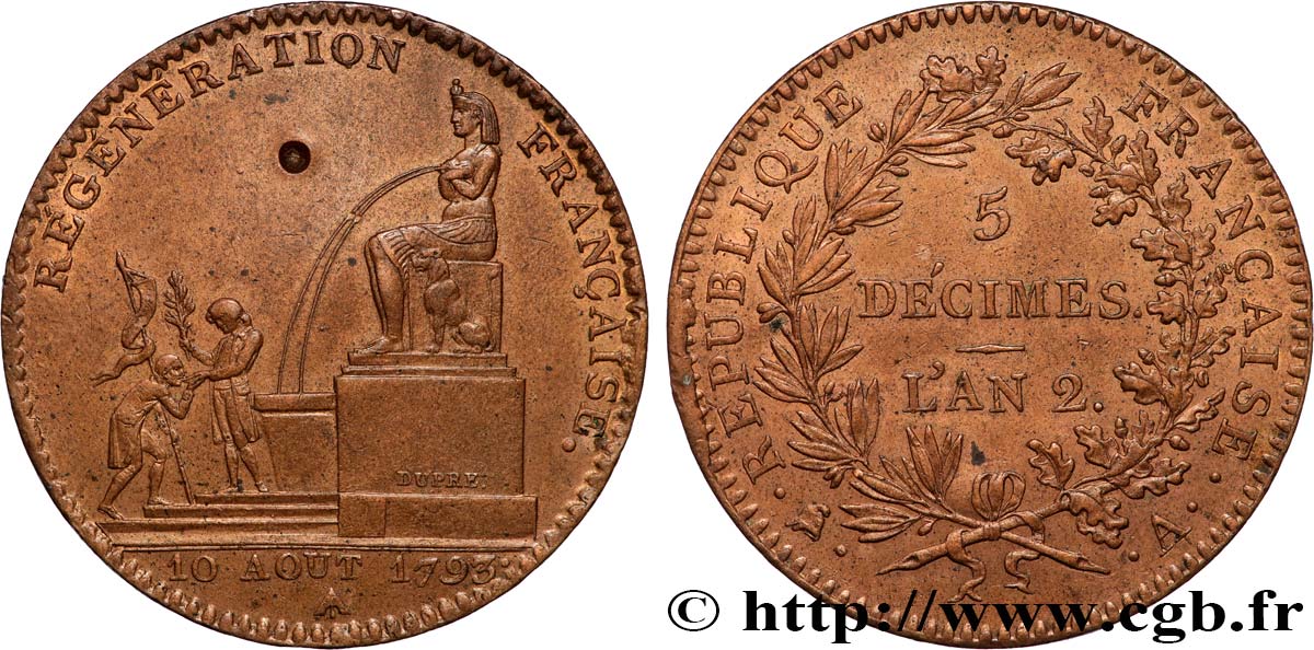 5 décimes, Régénération française 1793 Paris F.172A/2 EBC+ 