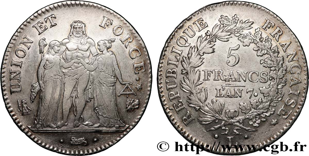 5 francs Union et Force, Union desserré, avec glands intérieurs et gland extérieur 1799 Bayonne F.291/26 XF 