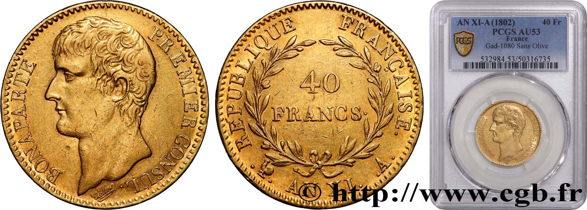 40 francs or Bonaparte Premier Consul 1803 Paris F.536/1 MBC53 PCGS