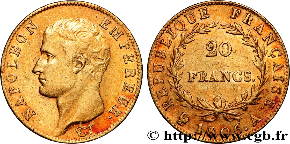 20 francs or Napoléon tête nue, Calendrier grégorien 1806 Paris F.513/1 AU55 