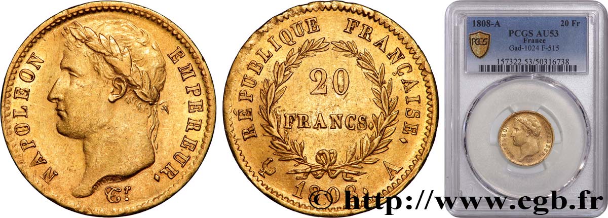 20 francs or Napoléon tête laurée, République française 1808 Paris F.515/2 BB53 PCGS