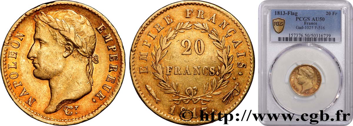 20 francs or Napoléon, tête laurée, Empire français 1813 Utrecht F.516/37 TTB50 PCGS