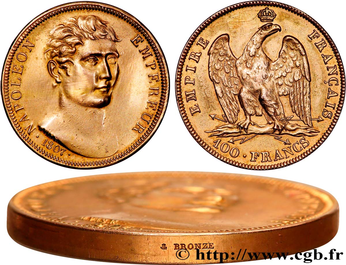 ESSAI de 100 francs par Vassallo, Refrappe poinçon Ancre 1807 Gênes T.T.1090 a6x var. AU 