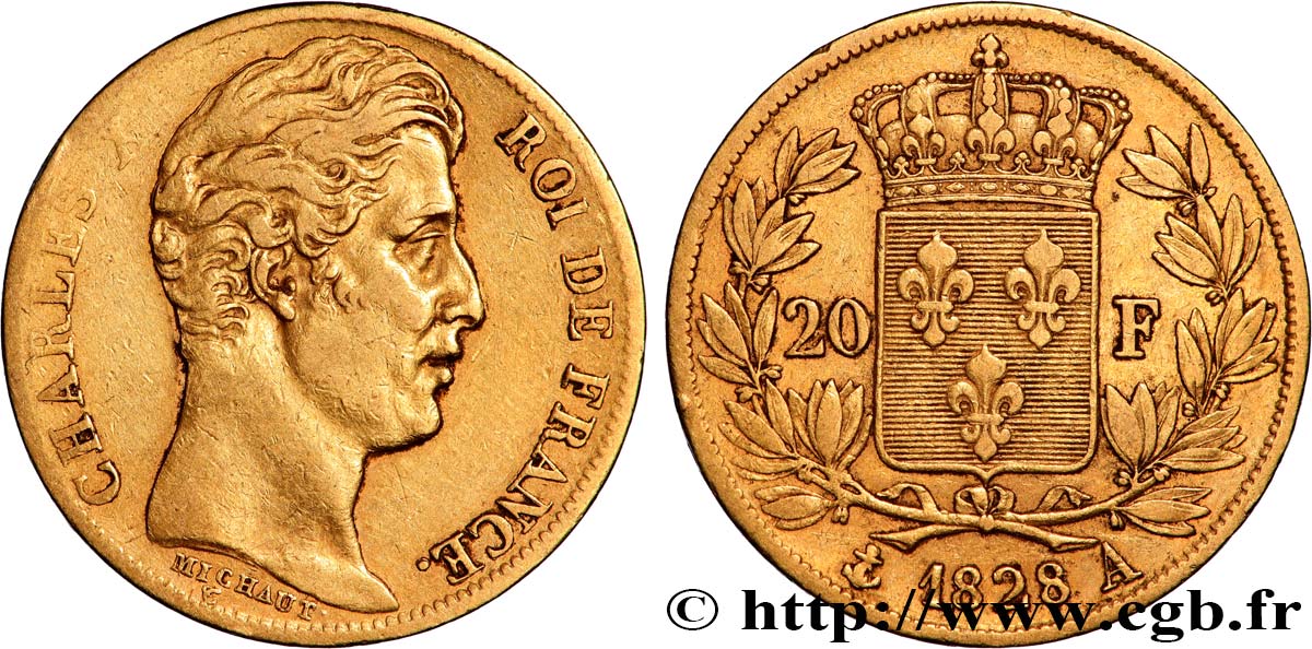20 francs or Charles X, matrice du revers à cinq feuilles 1828 Paris F.521/2 TB+ 