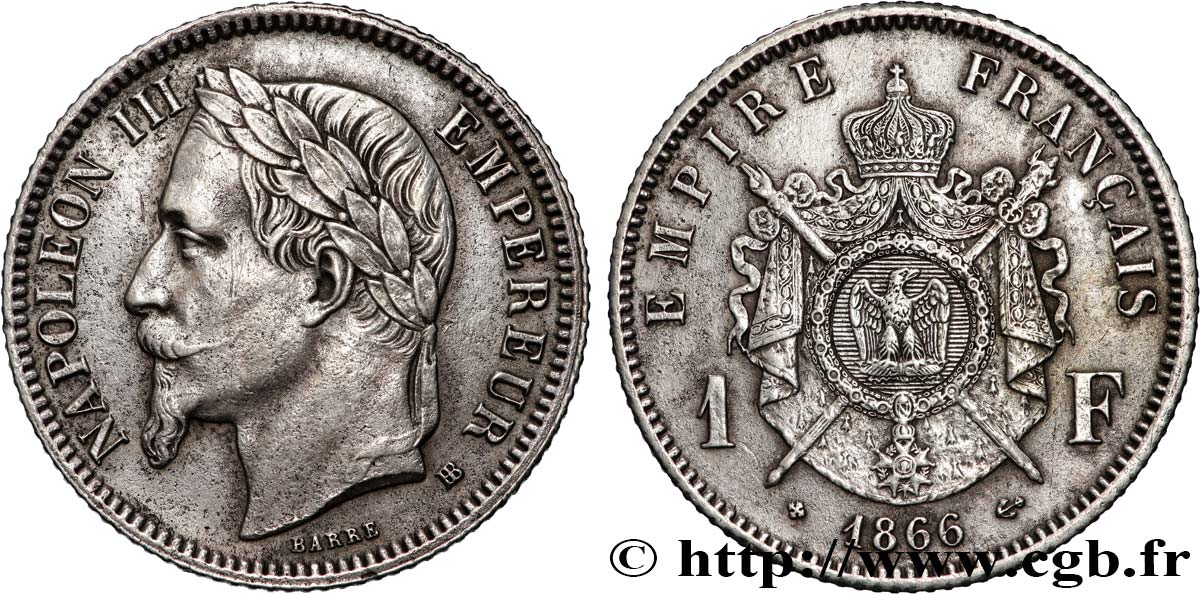 1 franc Napoléon III, tête laurée 1866 Strasbourg F.215/4 AU 