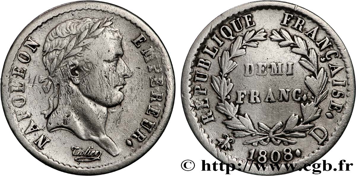 Demi-franc Napoléon Ier tête laurée, République française 1808 Lyon F.177/5 SS 
