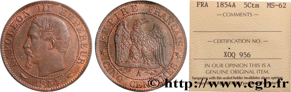Cinq centimes Napoléon III, tête nue 1854 Paris F.116/8 VZ62 