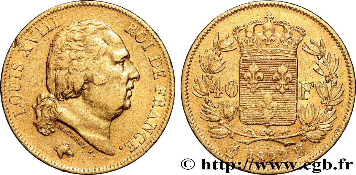 40 francs or Louis XVIII 1822 La Rochelle F.542/12 SS/fVZ 