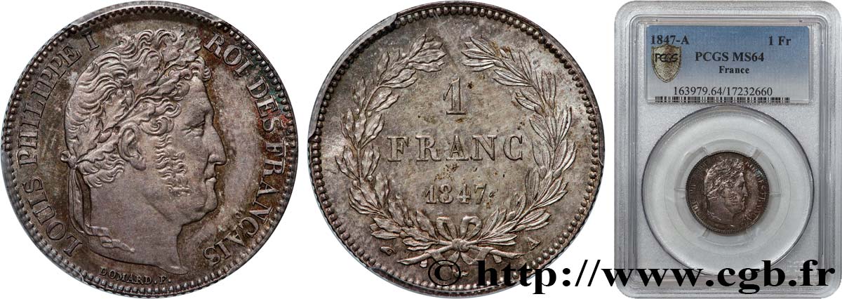 1 franc Louis-Philippe, couronne de chêne 1847 Paris F.210/110 fST64 PCGS