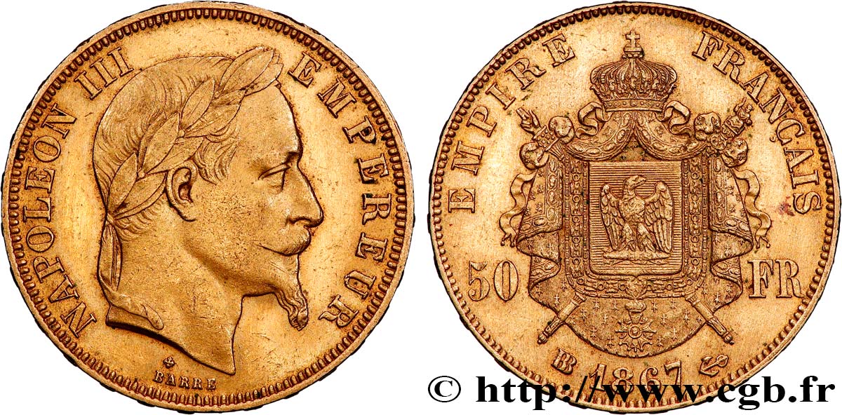 50 francs or Napoléon III, tête laurée 1867 Strasbourg F.548/9 AU 