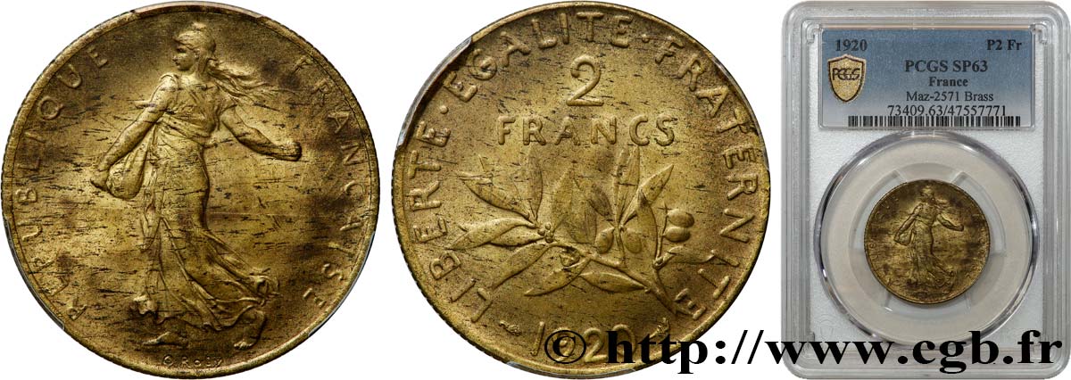Épreuve de 2 francs Semeuse en cupro-aluminium 1920  GEM.111 3 MS63 PCGS