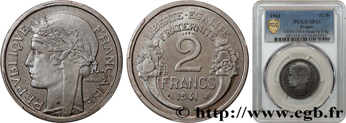 Essai en fer de 2 francs Morlon, flan épais 1941 Paris GEM.114 4 ST65 PCGS