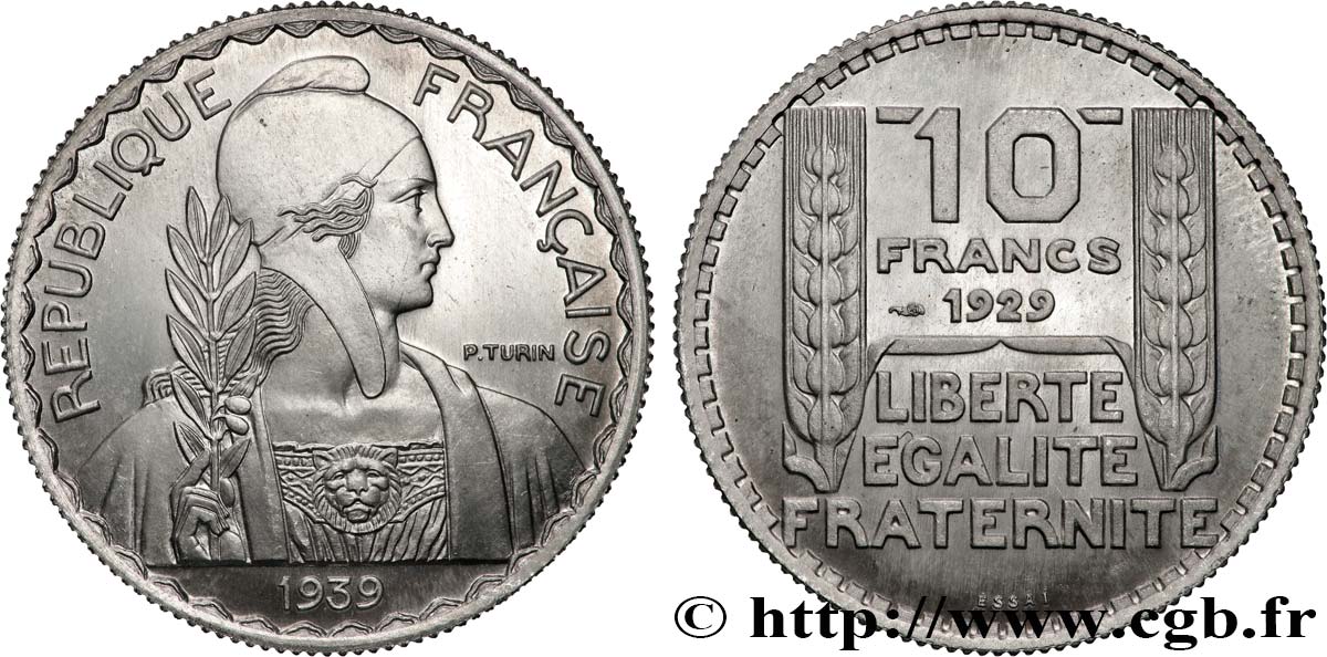 Essai hybride de 10 francs Turin, grand module, 30 mm, 3 g - en aluminium 1939 Paris GEM.174 11 MS 