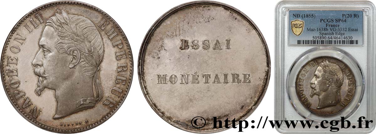 Essai monétaire de 5 francs Napoléon III, tête laurée, par Bouvet, tranche espagnole n.d.  Maz.1638 b fST64 PCGS