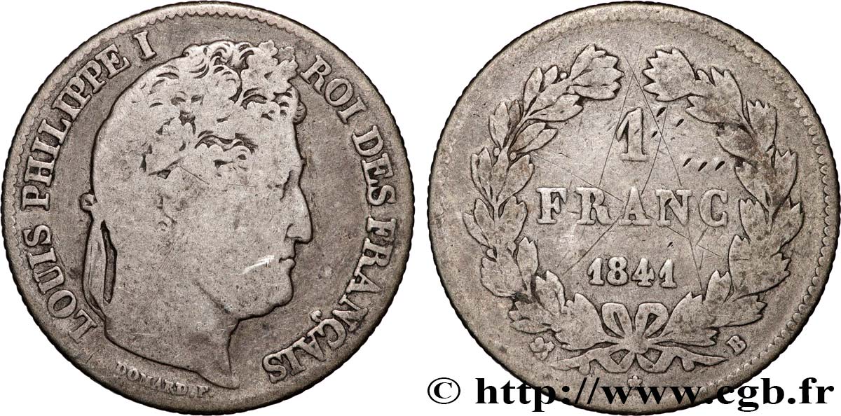 1 franc Louis-Philippe, couronne de chêne 1841 Rouen F.210/81 VG 