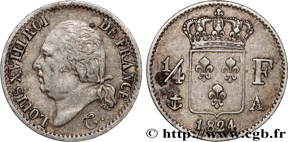 1/4 franc Louis XVIII  1824 Paris F.163/31 SS 