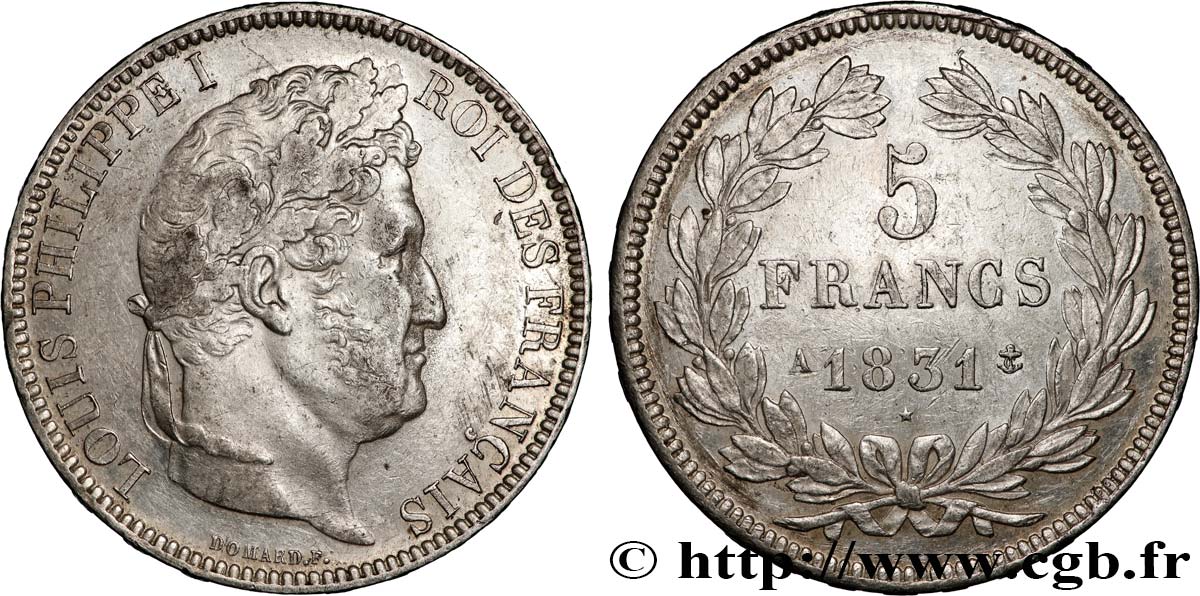 5 francs Ier type Domard, tranche en relief 1831 Paris F.320/1 TTB+ 