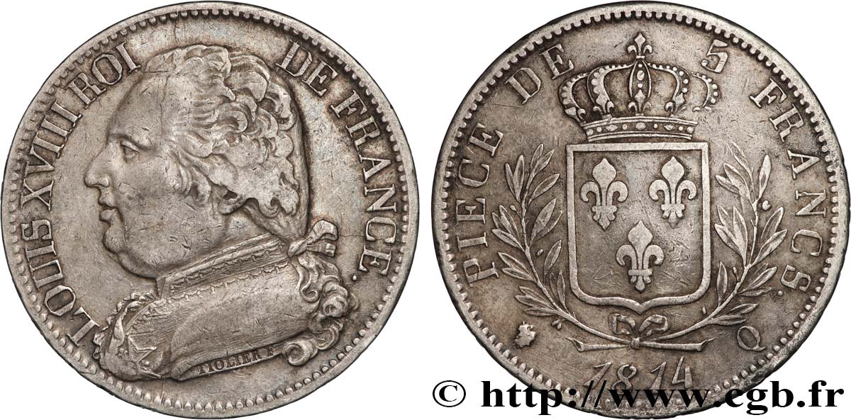5 francs Louis XVIII, buste habillé 1814 Perpignan F.308/11 TTB40 