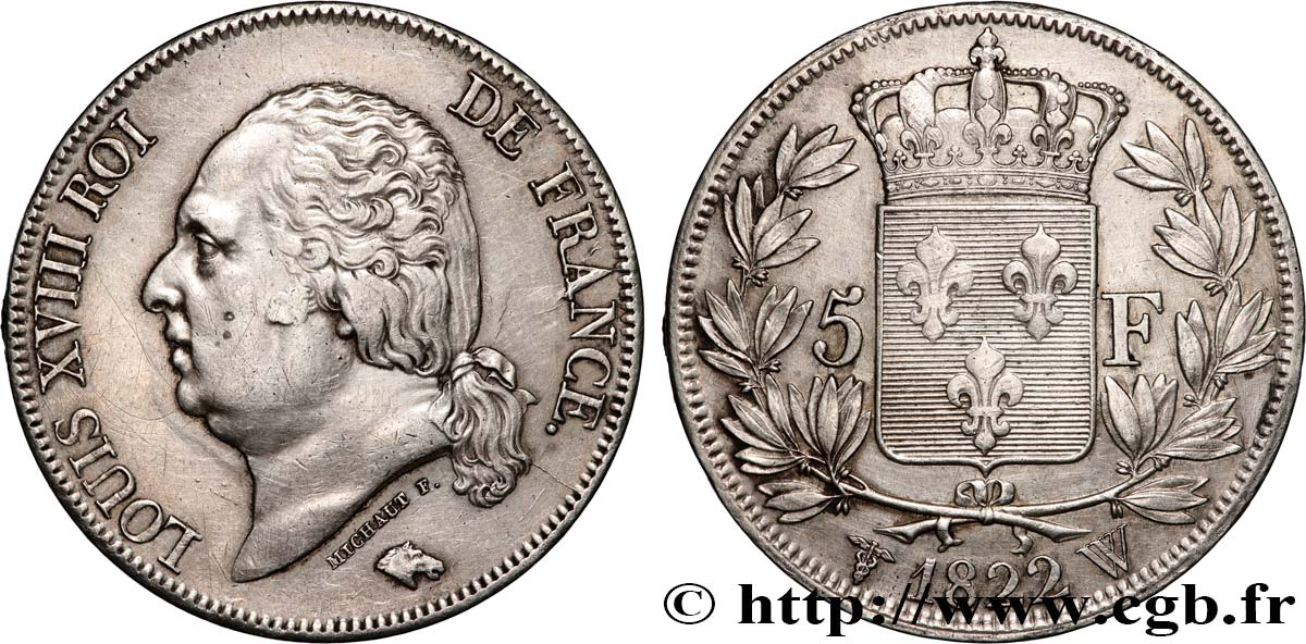 5 francs Louis XVIII, tête nue 1822 Lille F.309/75 TTB 