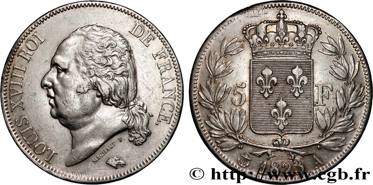 5 francs Louis XVIII, tête nue 1823 Paris F.309/76 BB 