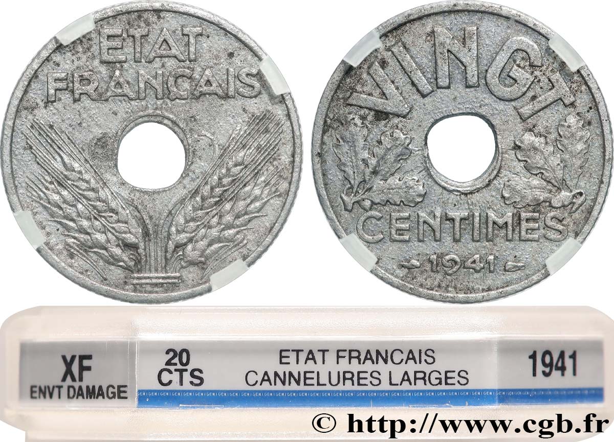 VINGT centimes État français, cannelures larges 1941  F.152/3 TTB GENI