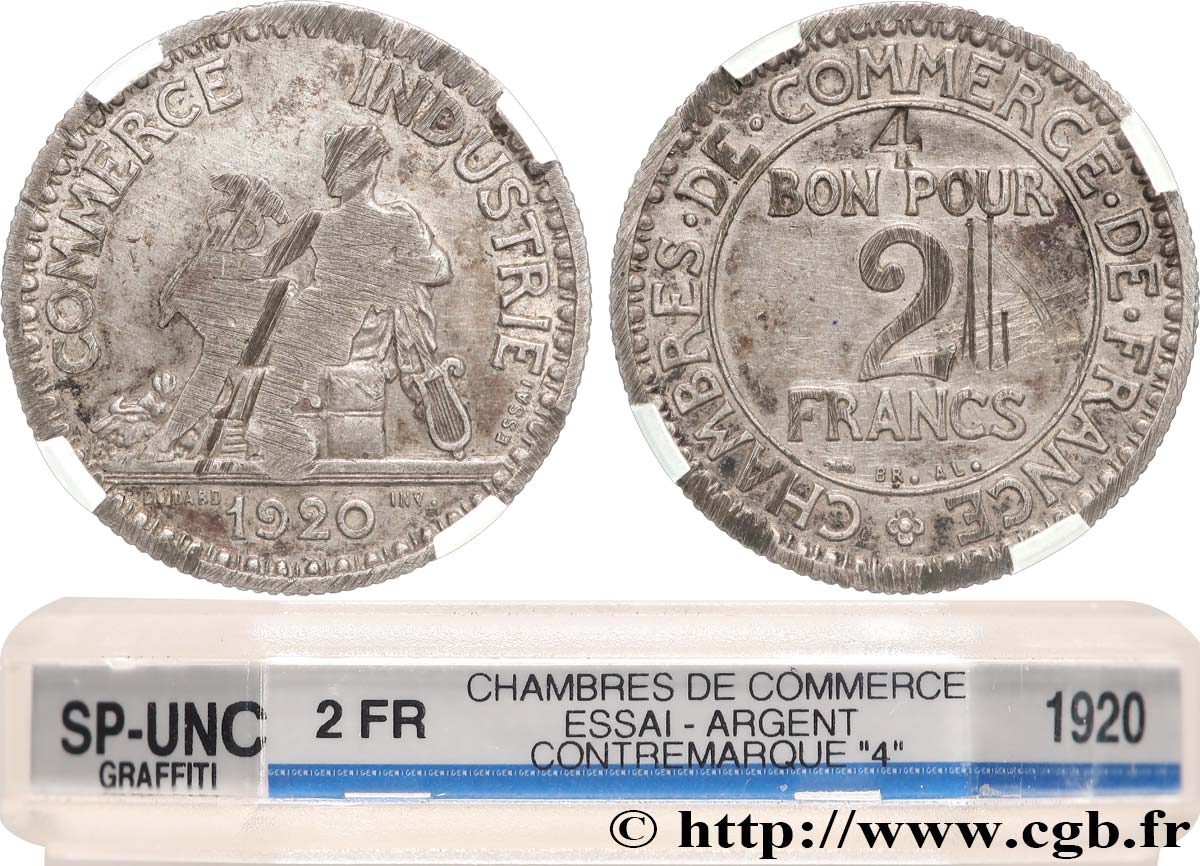 Essai en Argent de 2 francs Chambres de Commerce, poinçon “4” 1920 Paris GEM.112 2 SUP+ GENI