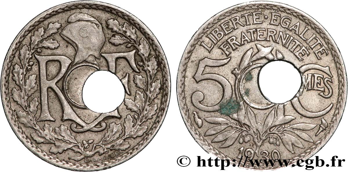 5 centimes Lindauer, petit module, trou décentré 1930 Paris F.122/13 var. XF 