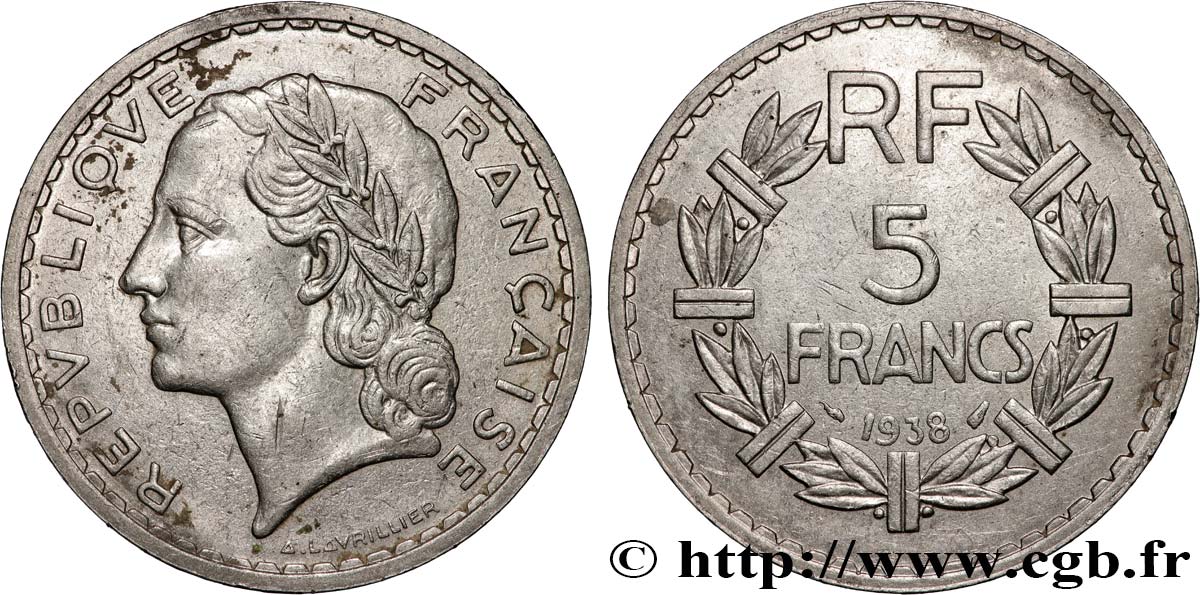 5 francs Lavrillier, nickel 1938  F.336/7 TTB 