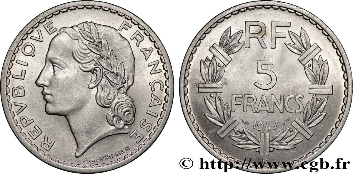 5 francs Lavrillier, aluminium 1947 Beaumont-Le-Roger F.339/12 fST63 