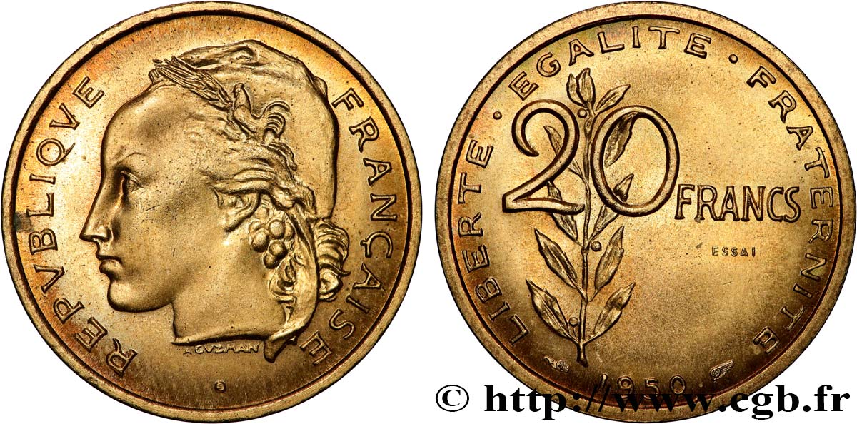 Essai du concours de 20 francs par Guzman 1950 Paris GEM.207 2 MS64 