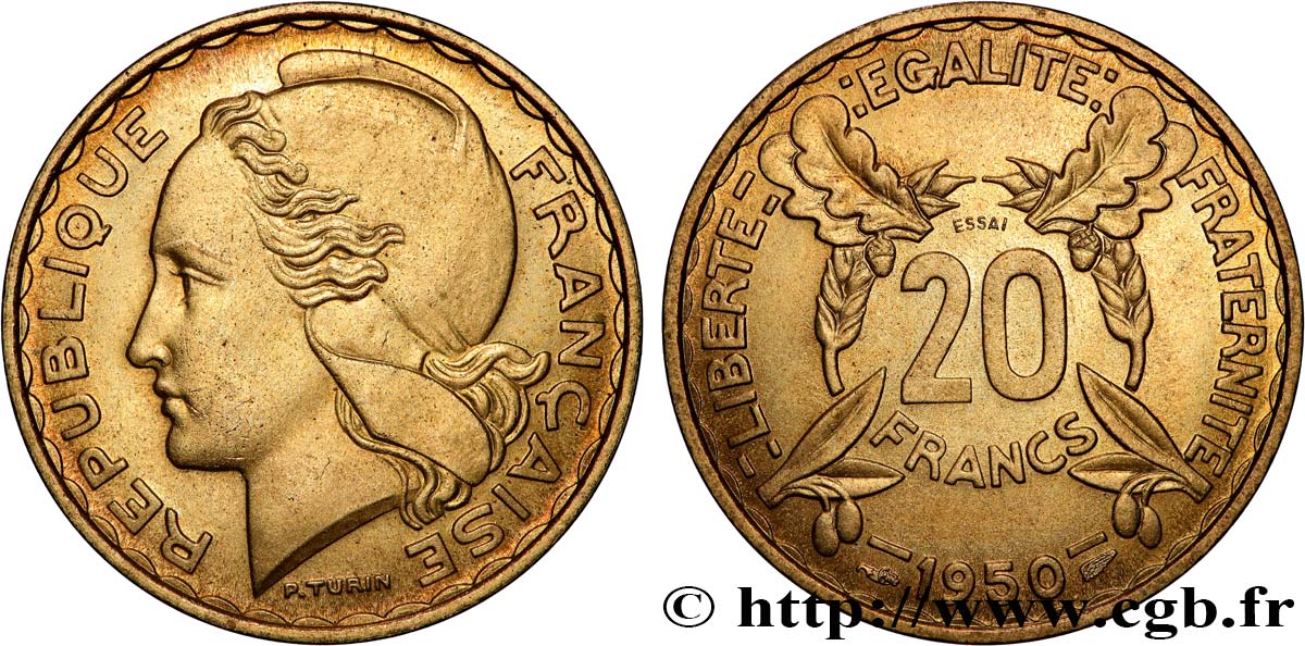 Essai du concours de 20 francs par Turin 1950 Paris GEM.210 2 MS65 