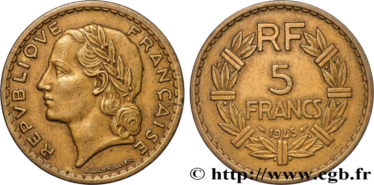 5 francs Lavrillier, bronze-aluminium 1945  F.337/5 BC+ 