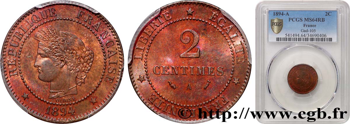 2 centimes Cérès 1894 Paris F.109/20 MS64 PCGS