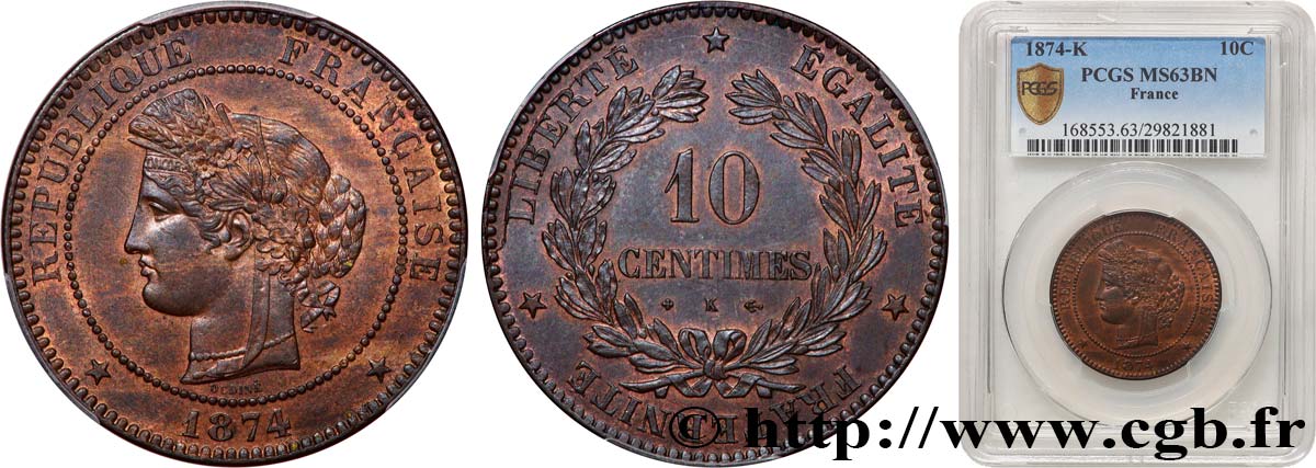 10 centimes Cérès 1874 Bordeaux F.135/13 MS63 PCGS
