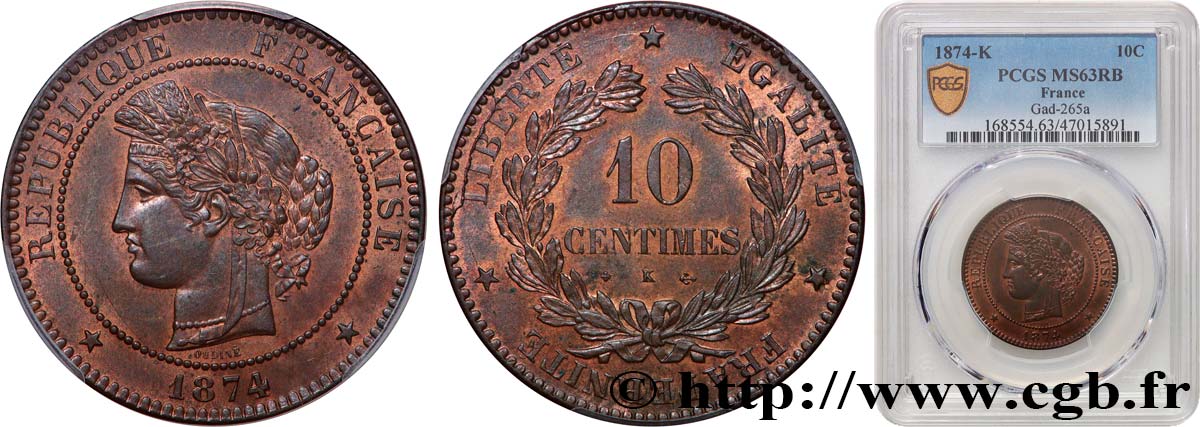 10 centimes Cérès 1874 Bordeaux F.135/13 MS63 PCGS