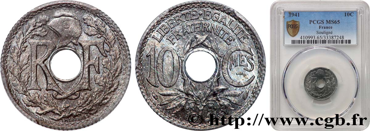 10 centimes Lindauer en zinc, Cmes souligné et millésime sans points 1941  F.140/1 ST65 PCGS