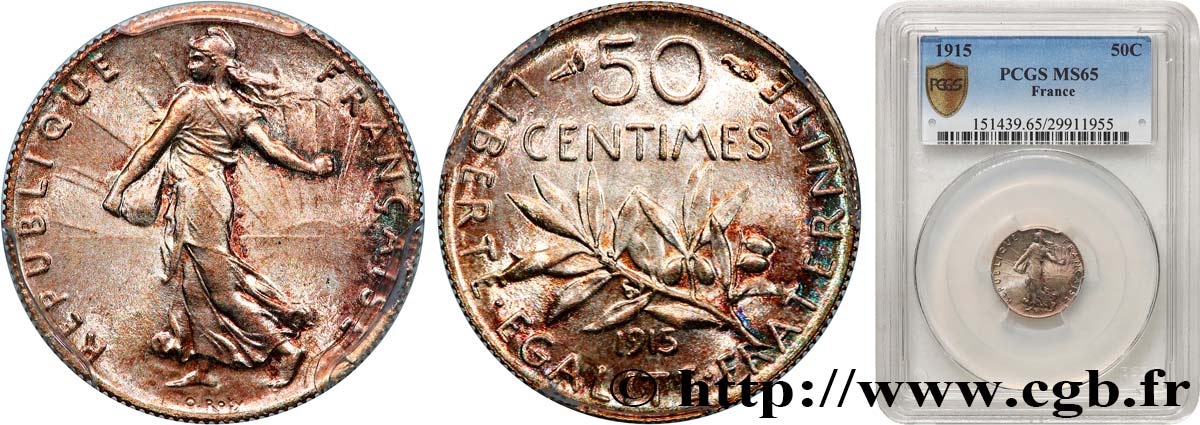 50 centimes Semeuse 1915 Paris F.190/22 FDC65 PCGS