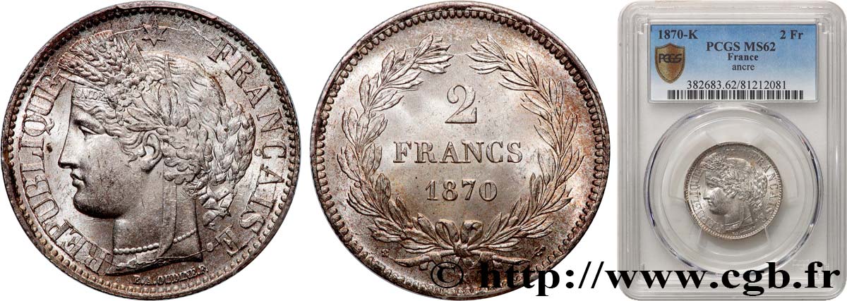 2 francs Cérès, sans légende 1870 Bordeaux F.264/2 MS62 PCGS