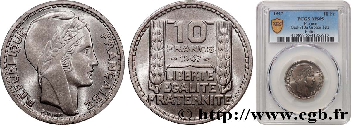 10 francs Turin, grosse tête, rameaux courts 1947  F.361A/4 ST65 PCGS