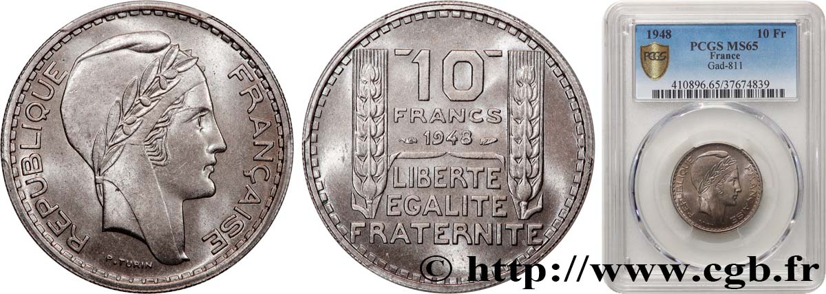 10 francs Turin, petite tête 1948  F.362/3 ST65 PCGS