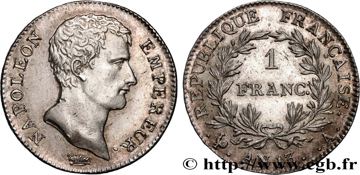 1 franc Napoléon Empereur, Calendrier révolutionnaire 1805 Paris F.201/14 AU 