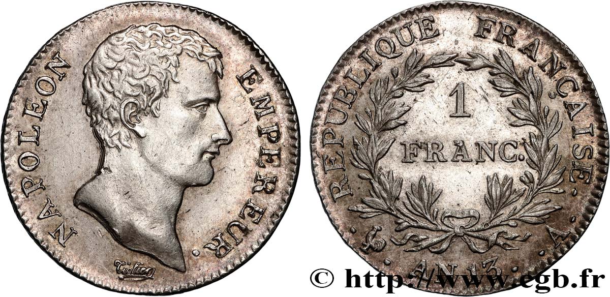 1 franc Napoléon Empereur, Calendrier révolutionnaire 1805 Paris F.201/14 SUP 