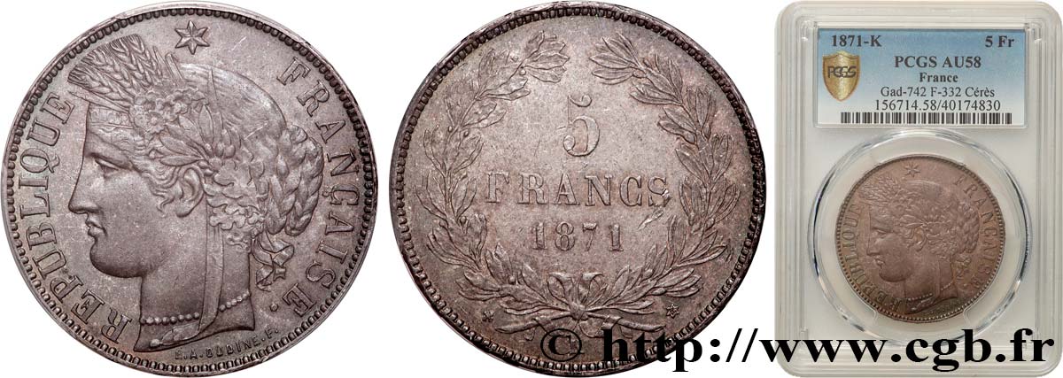 5 francs Cérès, sans légende 1871 Bordeaux F.332/8 AU58 PCGS