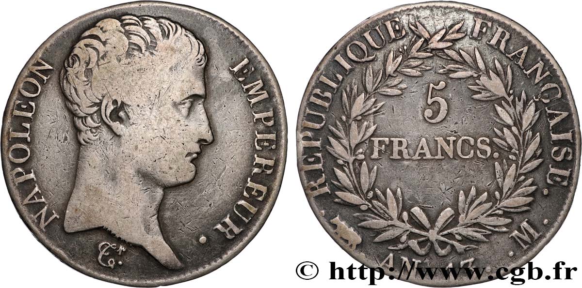 5 francs Napoléon Empereur, Calendrier révolutionnaire 1805 Toulouse F.303/13 B+ 