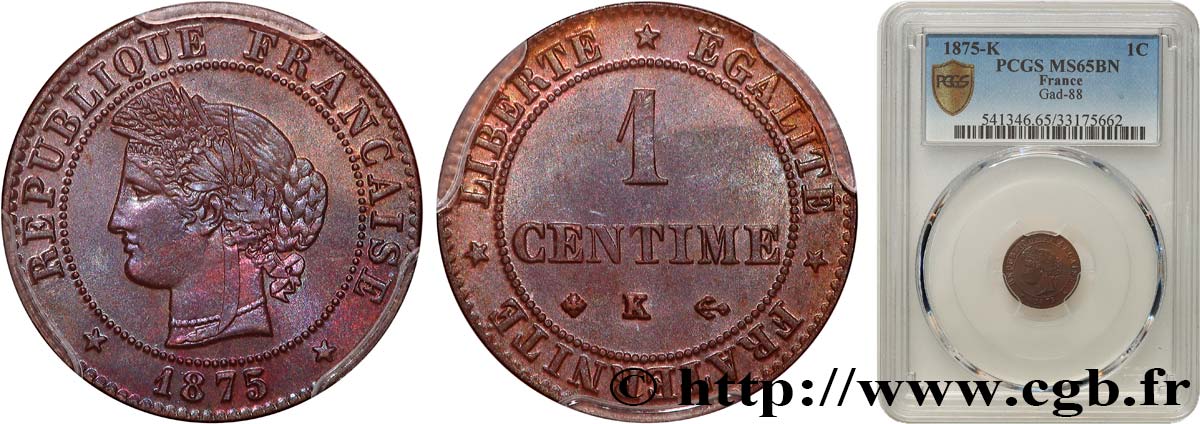 1 centime Cérès 1875 Bordeaux F.104/5 FDC65 PCGS