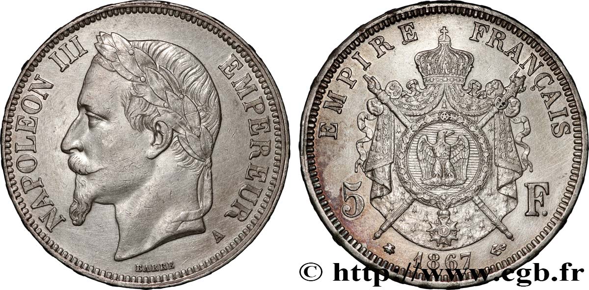5 francs Napoléon III, tête laurée 1867 Paris F.331/10 AU 