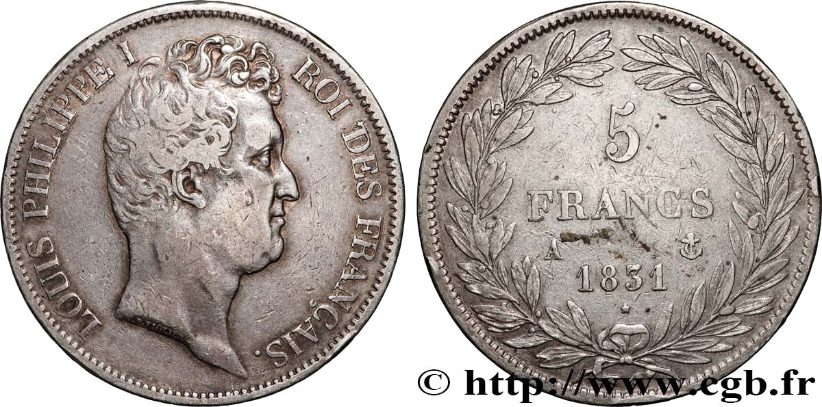 5 francs type Tiolier avec le I, tranche en creux 1831 Paris F.315/14 S 