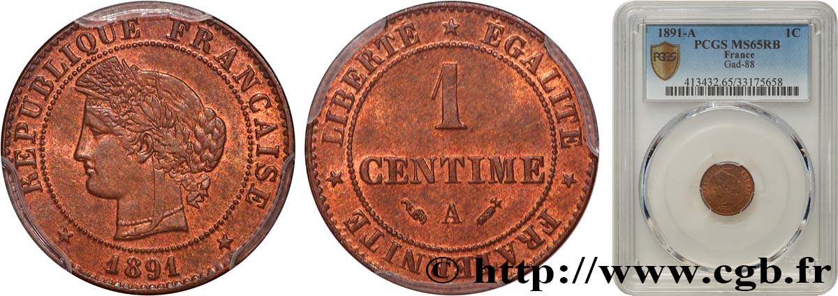 1 centime Cérès 1891 Paris F.104/18 MS65 PCGS